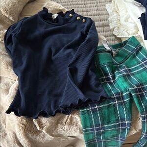 Janie and Jack Navy Ribbed Top with Gold Button Accents and plaid leggings